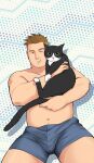  1boy animal bara beard_stubble belly brown_hair bulge cat highres holding holding_animal holding_cat leetong looking_at_viewer male_focus mature_male muscular muscular_male navel one_eye_closed original plump short_hair short_shorts shorts solo sparse_leg_hair sparse_navel_hair stomach topless_male 