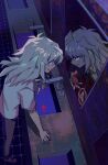  1boy bakura_ryou bathroom coughing_blood dark_persona different_reflection evil_smile eye_contact from_above full_body highres long_hair looking_at_another male_focus millennium_ring red_eyes reflection shirt smile standing sunanogimo sweat sweating_profusely white_hair yami_bakura yu-gi-oh! yu-gi-oh!_duel_monsters 