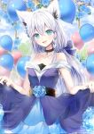  1girl ahoge aisu_(icicleshot) animal_ear_fluff animal_ears balloon blue_bow blue_dress bow braid breasts clothes_lift commentary_request dress dress_lift flower_request fox_ears fox_girl green_eyes hair_between_eyes hair_bow highres hololive long_hair looking_at_viewer open_mouth shirakami_fubuki sidelocks single_braid sleeveless sleeveless_dress small_breasts smile solo strapless strapless_dress virtual_youtuber white_hair 