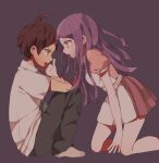  1boy 1girl ahoge apron brown_hair danganronpa_(series) danganronpa_2:_goodbye_despair green_necktie hand_on_another&#039;s_face hinata_hajime kneeling long_hair maco22 necktie open_mouth pink_shirt pleated_skirt purple_background purple_hair shirt short_sleeves sitting skirt socks tears tsumiki_mikan white_apron white_shirt white_socks 