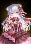  1girl :q absurdres animal_ear_fluff animal_ears arm_ribbon blue_eyes blush bow breasts cat_ears cat_girl cleavage collar dress dress_flower extra_ears flower flower_collar frilled_collar frilled_dress frills green_eyes grey_hair hair_between_eyes hair_bow hair_flower hair_ornament heart heterochromia highres holding holding_heart lolita_fashion long_hair looking_at_viewer medium_breasts original pink_bow pink_dress pink_flower ribbon sakura_moyon strapless strapless_dress tongue tongue_out 