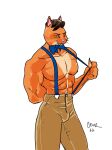  2022 abs anthro bottomwear bow_tie brown_hair bulge clothing domestic_cat drawfee_(copyright) drawtectives eyebrows felid feline felis felix_(drawtectives) fur hair hi_res male mammal muscular muscular_anthro muscular_arms muscular_male orange_body orange_eyes orange_fur pants pink_nose prick_ears short_hair solo suspenders tight_bottomwear tight_clothing vagrantmidget whiskers 