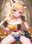  1girl animal animal_ear_fluff animal_ears bare_shoulders bat_(animal) bead_necklace beads blonde_hair blue_eyes blue_shorts blush breasts brown_choker brown_gloves choker cleavage collarbone fingerless_gloves gloves halloween hands_up idolmaster idolmaster_cinderella_girls idolmaster_cinderella_girls_starlight_stage jewelry large_breasts long_hair looking_at_viewer nail_polish navel necklace ohtsuki_yui pumpkin sakura_ran shirt shorts sitting smile solo stomach tongue tongue_out torn_clothes torn_shirt wolf_ears yellow_nails 