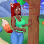  1:1 2023 absurd_res animal_humanoid big_breasts breasts brown_body brown_fur canid canid_humanoid canine canine_humanoid clothed clothing digital_media_(artwork) dmoon ears_up eye_of_cthulhu_(terraria) female fox_humanoid fur hair hi_res humanoid inner_ear_fluff looking_at_viewer mammal mammal_humanoid plant red_hair smile solo spanish_text tail terraria text thick_thighs translated tree tuft zoologist_(terraria) 