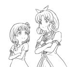  2girls bow choker commentary crossed_arms curly_hair dot_nose dress flat_chest frills hair_ribbon height_difference idolmaster idolmaster_million_live! idolmaster_million_live!_theater_days looking_at_another medium_hair monochrome multiple_girls nakatani_iku puffy_short_sleeves puffy_sleeves ribbon short_sleeves smile sumeragi_kou tokugawa_matsuri v-shaped_eyebrows white_background 
