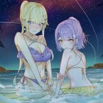  2girls absurdres aizawa_ema back beach bikini blonde_hair blue_eyes blue_hair breasts cleavage comet earrings ghost_hair_ornament gradient_hair green_hair hair_ornament highres holding_own_arm jewelry large_breasts long_hair multicolored_hair multiple_girls navel night outdoors partially_submerged ponytail purple_bikini purple_hair ringozeri shinomiya_runa side-tie_bikini_bottom sidelocks sitting sky star_(sky) starry_sky stomach swimsuit virtual_youtuber vspo! wariza water x_hair_ornament yellow_bikini yellow_eyes 