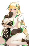  1girl absurdres big_belly blonde_hair blush braid breasts commission demeter_(fate) earrings embarrassed fate/grand_order fate_(series) green_vest hair_between_eyes hair_ornament hand_on_own_face hand_on_own_stomach highres huge_breasts jewelry kneeling leaf long_hair looking_at_viewer messy_hair nitric_acid no_panties open_mouth pixiv_commission pregnant purple_eyes simple_background solo spread_legs sweat tears thick_thighs thighhighs thighs trembling vest white_background 