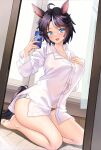  ahoge animal_ears bare_legs barefoot black_hair blue_eyes borrowed_clothes breast_suppress breasts button_gap cellphone collarbone collared_shirt ear_piercing fuji_kiseki_(umamusume) highres horse_ears horse_tail jewelry large_breasts long_sleeves looking_at_viewer open_mouth panties phone piercing reflection seiza selfie shirokuma_a shirt short_hair sitting sleeves_past_wrists smartphone smile swept_bangs tail thighs umamusume underwear white_shirt 