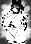  1girl animal_ears animal_print bikini blunt_bangs blush bow breasts cat_ears cat_girl cat_tail cleavage closed_mouth cow_print curvy detached_collar elbow_gloves extra_ears gloves greyscale groin hair_bow haseru_(ginku_mh) heart heart-shaped_pupils huge_breasts kaenbyou_rin looking_at_viewer monochrome multiple_tails navel nekomata pointy_ears solo swimsuit symbol-shaped_pupils tail thighhighs touhou two_tails 