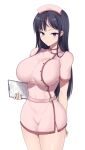  1girl arm_behind_back belt black_hair blush breasts covered_navel dress hat highres holding impossible_clothes kasai_shin large_breasts long_hair looking_at_viewer mole mole_under_eye nurse nurse_cap original paper pink_dress purple_eyes short_dress side_slit simple_background solo standing white_background 