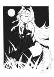  18_kawaki 1girl animal_ears bodysuit closed_eyes detached_sleeves fake_animal_ears fake_tail full_moon grass hairband highres howling long_hair monochrome moon no.21:_feral_scent_(punishing:_gray_raven) no.21_(punishing:_gray_raven) punishing:_gray_raven sidelocks sleeves_past_fingers sleeves_past_wrists solo tail thighhighs very_long_hair wide_sleeves wolf_ears wolf_tail 