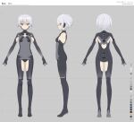  1girl absurdres arms_at_sides bodysuit breasts clothing_cutout color_guide expressionless from_behind from_side full_body grey_background grey_eyes grey_hair highres looking_at_viewer makadamixa mecha_musume multiple_views original reference_sheet science_fiction short_hair small_breasts standing straight-on thigh_cutout tiptoes 