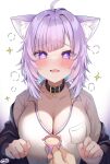  +_+ 1girl animal_ear_fluff animal_ears blush breasts cat_ears cat_girl cleavage collar fang hair_between_eyes highres hololive large_breasts looking_at_viewer neco_meito nekomata_okayu open_mouth purple_eyes purple_hair saliva shirt short_hair skin_fang solo virtual_youtuber white_shirt 