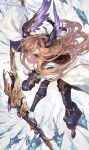  1girl absurdres arrow_(projectile) bangs black_gloves blacktail_hihi bow bow_(weapon) breasts cape cloak gloves granblue_fantasy head_wings headband highres large_breasts light_brown_hair long_hair looking_at_viewer sidelocks solo tweyen_(granblue_fantasy) very_long_hair weapon white_cloak white_gloves yellow_eyes 