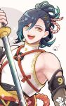  1boy bare_shoulders blue_hair detached_sleeves fire_emblem fire_emblem_engage hair_ornament highres holding holding_sword holding_weapon japanese_clothes kagetsu_(fire_emblem) kuhaha medium_hair smile solo sword teeth upper_teeth_only weapon yellow_eyes 