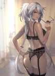  1girl ass black_bra black_nails black_panties black_thighhighs bra breasts brown_eyes cowboy_shot dark-skinned_female dark_skin eyewear_removed garter_belt garter_straps glasses highres holding holding_eyewear kantai_collection kasumi_(skchkko) lingerie long_hair musashi_(kancolle) musashi_kai_ni_(kancolle) open_mouth panties revision rimless_eyewear solo thighhighs two_side_up underwear underwear_only very_long_hair white_hair 