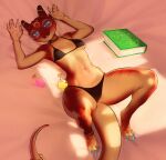  5_fingers anklet anthro bed blue_eyes book bra breasts clothed clothing collar eyewear female fingers furniture glasses hi_res hicheeras horn jewelry kobold looking_at_viewer lying on_back on_bed panties potion red_body round_glasses scalie solo spread_legs spreading thick_thighs tongue tongue_out underwear underwear_only wristband 