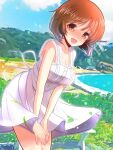  1girl beach blue_sky blush brown_eyes brown_hair casual cloud cloudy_sky commentary day dress dress_tug flying_sweatdrops girls_und_panzer highres kumaisao leaf leaning_forward looking_at_viewer medium_dress nishizumi_miho open_mouth outdoors short_hair sky sleeveless sleeveless_dress smile solo standing sundress sweatdrop white_dress wind wind_lift 