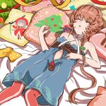  1girl bare_arms blue_overalls braid chest_belt christmas_tree closed_eyes fate/grand_order fate_(series) flat_chest highres lying navel on_back open_clothes orange_hair overalls pillow print_pillow shimogamo_(shimomo_12) side_braid sleeping solo unzipped van_gogh_(fate) zipper zipper_pull_tab 