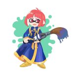  1girl bad_link blue_robe cosplay cotton_(character) cotton_(character)_(cosplay) cotton_(game) domino_mask full_body gold_trim highres inkling inublanc mask paintbrush red_eyes red_hair robe short_hair simple_background solo splatoon_(series) standing tentacle_hair yellow_footwear 