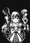  3girls :d absurdres bare_shoulders bow breasts collarbone cowboy_shot detached_collar dot_nose dress earrings frilled_dress frills fur-trimmed_dress fur_trim greyscale hair_bow hands_on_own_chest highres idoly_pride jewelry kawasaki_sakura_(idoly_pride) long_bangs long_hair looking_at_viewer medium_breasts monochrome moy1124 multiple_girls nagase_kotono nagase_mana one_side_up open_mouth own_hands_together paper_cutout_(medium) pendant_choker raised_eyebrows short_hair short_twintails siblings sidelocks sideways_glance sisters sleeveless sleeveless_dress smile straight_hair strapless strapless_dress twintails wrist_cuffs 