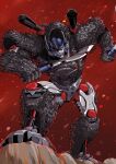  absurdres beast_wars beast_wars:_transformers clenched_teeth dual_wielding head_tilt highres holding holding_sword holding_weapon leaning_forward looking_at_viewer maximal mecha nasutetsu no_humans optimal_optimus red_background red_eyes robot solo sword teeth transformers weapon 