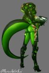  2021 anthro areola bedroom_eyes biped black_body breasts butt clothing cobra countershade_tail countershading cybernetics cyborg female footwear glowing glowing_eyes green_body green_eyes green_nipples green_tongue gun handgun hi_res high_heels holding_gun holding_object holding_weapon looking_at_viewer looking_back looking_back_at_viewer machine machinewithsoul multicolored_body narrowed_eyes nipples non-mammal_breasts nude open_mouth pescadera_navarro_(machinewithsoul) pupils ranged_weapon rear_view reptile revolver scalie seductive simple_background slim slit_pupils small_breasts snake snake_hood solo standing tail teeth tongue two_tone_body weapon 