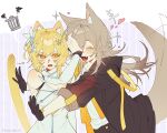  2girls absurdres anger_vein animal_ear_fluff animal_ears artist_name black_gloves black_jacket blonde_hair blush cat_ears cat_girl cat_tail closed_eyes company_connection dog_ears dog_girl dog_tail dress english_commentary fangs flower genshin_impact gloves grey_hair hair_between_eyes hair_flower hair_ornament heart highres honkai:_star_rail honkai_(series) jacket kohianji long_hair lumine_(genshin_impact) mihoyo multiple_girls open_mouth scarf shirt short_hair_with_long_locks stelle_(honkai:_star_rail) tail teeth trailblazer_(honkai:_star_rail) white_dress white_flower white_scarf white_shirt yellow_eyes 