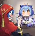  2girls apron arm_wrestling blue_eyes blue_hair blush clenched_teeth commentary dragon_girl dragon_horns duel_monster fingerless_gloves gameplay_mechanics gloves hatano_kiyoshi highres hood hood_up horns laundry_dragonmaid long_hair multicolored_hair multiple_girls novox_the_silenforcer_disciple red_hood short_hair sketch table teeth two-tone_hair yellow_eyes yu-gi-oh! 