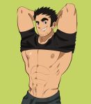  1boy abs arms_behind_head bara bare_pectorals beard_stubble black_hair cowboy_shot green_background highres huge_eyebrows large_pectorals lifted_by_self lighter_art looking_at_viewer lucas_lee male_focus muscular muscular_male navel navel_hair nipples pectorals raised_eyebrow scott_pilgrim_takes_off shirt short_hair short_sleeves sideways_mouth smile solo sparse_navel_hair stomach t-shirt tight_clothes tight_shirt v-taper 