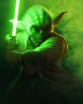  1boy absurdres alien ben_judd energy_sword green_lightsaber highres holding_lightsaber jedi lightsaber looking_to_the_side no_humans pointy_ears robe smoke solo star_wars sword weapon yoda 