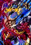 1boy armlet blue_scales breathing_fire chest_tattoo claws dragon_boy feet_out_of_frame fighting_stance fire fur_coat gamjagom highres horns kaidou_(one_piece) large_pectorals male_focus mixed_media monster_boy multiple_horns muscular muscular_male one_piece open_mouth pectorals rope scar scar_on_stomach sharp_teeth shimenawa spiked_armlet tail tattoo teeth 