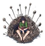  1girl black_hair blue_shorts bone flip-flops green_shirt highres horns long_hair nippaku_zanmu oni_horns open_mouth red_eyes sandals shirt shishi_osamu short_sleeves shorts simple_background sitting skull smile solo touhou white_background yellow_horns 