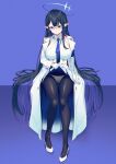  1girl 40hara black_hair blue_archive blue_eyes blue_hair blue_halo blue_necktie breasts clothes_lift coat collared_dress colored_inner_hair dress dress_lift earrings glasses gloves halo highres jewelry large_breasts lifted_by_self long_hair looking_at_viewer multicolored_hair necktie panties panties_under_pantyhose pantyhose pointy_ears rin_(blue_archive) shaded_face shirt sleeveless sleeveless_dress solo underwear very_long_hair white_coat white_gloves white_panties 