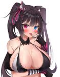  1girl animal_ears arm_under_breasts arm_up bikini black_bikini black_gloves blue_eyes blush breasts brown_hair cat_ears cat_girl chest_harness clenched_hand detached_collar fingerless_gloves food_on_body food_on_breasts gloves goddess_of_victory:_nikke hair_intakes hair_ornament hair_ribbon hairclip harness heterochromia highres large_breasts licking licking_finger long_hair neku_(sky_hologram) nero_(nikke) pink_eyes ribbon sideboob sidelocks simple_background solo swimsuit tongue tongue_out twintails white_background 