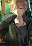  1boy absurdres blonde_hair blurry blurry_background chain_necklace closed_mouth commentary earrings green_eyes hair_between_eyes highres jacket jewelry long_sleeves male_focus multicolored_hair necklace open_clothes open_jacket orange_hair project_sekai shinonome_akito short_hair solo streaked_hair upper_body yk62 