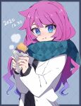 1girl black_sweater blue_eyes eating food food_in_mouth food_on_face gradient_hair highres jacket kirishima_romin long_hair looking_at_viewer multicolored_hair nanashiba_(banntlla) open_clothes open_jacket purple_hair roasted_sweet_potato scarf steam sweater sweet_potato white_jacket yu-gi-oh! yu-gi-oh!_sevens 