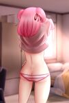  1girl artist_name ass ass_focus bed bedroom blurry blurry_background butt_crack chair clothes_lift commentary cowboy_shot dimples_of_venus doki_doki_literature_club english_commentary facing_away from_behind hair_ribbon highres lifted_by_self light_rays lowleg lowleg_panties meme morbite natsuki_(doki_doki_literature_club) panties pink_hair pink_panties red_ribbon ribbon ryuko_redraw_(meme) shirt shirt_lift short_hair signature solo spine standing sunbeam sunlight thigh_gap two-tone_panties two_side_up underwear undressing wardrobe white_panties white_shirt window 