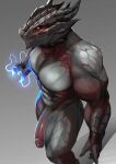  2023 abs absurd_res agitype01 anthro biceps big_penis biped digital_media_(artwork) dragon dragonborn_(dnd) dungeons_and_dragons genitals grey_background grey_body grey_scales half-erect hasbro hi_res horn humanoid_genitalia humanoid_penis magic_user male multicolored_body muscular muscular_anthro muscular_male muscular_thighs pecs penis pupils red_body scales scalie serratus simple_background slit_pupils solo triceps two_tone_body wizards_of_the_coast yellow_eyes 