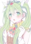  1girl :o blush commentary_request frey_(rune_factory) frills gloves green_eyes green_hair hair_between_eyes hair_ribbon hands_up holding holding_hair long_hair looking_at_viewer mini_mamu open_mouth ribbon rune_factory rune_factory_4 simple_background sleeveless solo tiara twintails upper_body white_background white_gloves 