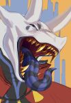  abstract_background ambiguous_gender anthro blue_eyes blue_tongue bust_portrait dragon fangs glistening glistening_eyes gold_(metal) gold_tooth hi_res horn kolaa looking_at_viewer mouth_shot narrowed_eyes open_mouth portrait red_cape sharp_teeth solo striped_tongue teeth tongue white_body white_horn 