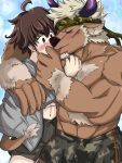  abs accessory anthro blush bovid bovine brown_body brown_fur cattle duo fur headband human kissing lifewonders male male/male mammal mugishima_3333 muscular muscular_anthro muscular_male pecs shennong shirtless tokyo_afterschool_summoners twink_protagonist_(tas) 