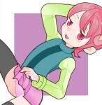  1girl arm_up black_thighhighs blue_vest green_shirt hair_ornament long_sleeves mayl_sakurai_(mega_man) mega_man_(series) mega_man_battle_network_(series) panties pink_eyes pink_hair pink_panties pink_skirt shirt short_hair sicky_(pit-bull) skirt smile solo thighhighs underwear vest 