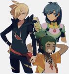  3boys arms_behind_back blonde_hair bodysuit closed_eyes collarbone dark-skinned_male dark_skin elio_(pokemon) gladion_(pokemon) green_hair hair_over_one_eye hau_(pokemon) hau_(sygna_suit)_(pokemon) highres hood hoodie jewelry kuruto. looking_at_viewer male_focus multiple_boys necklace official_alternate_costume pokemon pokemon_(game) pokemon_masters_ex pokemon_sm smile torn_clothes 