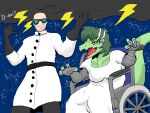  2023 alligator alligatorid anthro bald bandage claws clothing coat cosplay costume crocodilian digital_drawing_(artwork) digital_media_(artwork) disability duo eyewear female fingers frankenstein freckles gloves goggles green_body green_hair green_scales grey_eyes hair halloween handwear hi_res holidays human i_wani_hug_that_gator inco_(iwhtg) lab_coat light-skinned_male light_body light_skin long_tail mad_scientist male mammal olivia_(iwhtg) open_mouth paraplegic reptile scales scalie signature silentk06814104 simple_background sitting smile snout tail tongue topwear wheelchair yellow_sclera 