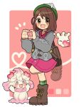  :d alcremie backpack bag beanie boots border brown_bag brown_eyes brown_footwear brown_hair closed_eyes evolutionary_line gloria_(pokemon) green_socks grey_sweater hat heart heart_hands highres kokashiho medium_hair milcery parted_bangs pink_background pink_skirt pokemon pokemon_(creature) pokemon_(game) pokemon_swsh skirt smile socks solid_oval_eyes standing standing_on_one_leg sweater white_border 