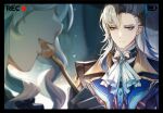  1boy 1girl ascot blue_hair closed_mouth eating feather_hair_ornament feathers fork furina_(genshin_impact) genshin_impact gloves grey_hair guzangnanfeng hair_between_eyes hair_ornament highres holding holding_fork light_blue_hair long_hair looking_at_another multicolored_hair neuvillette_(genshin_impact) open_mouth outdoors purple_eyes sidelocks smile snow snowing streaked_hair upper_body white_ascot white_gloves 