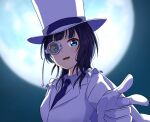  1girl :d asaka_karin backlighting black_hair blue_eyes blue_necktie commentary cosplay foreshortening formal full_moon gloves hat highres kaitou_kid kaitou_kid_(cosplay) looking_at_viewer love_live! love_live!_nijigasaki_high_school_idol_club magic_kaito medium_hair monocle moon necktie night open_mouth pointing pointing_at_viewer seamed_gloves side-seamed_gloves smile solo suit takeru-1103-murai top_hat tuxedo upper_body white_gloves white_headwear white_suit 