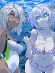  2girls absurdres air_bubble bare_shoulders bikini blonde_hair blue_eyes breasts bubble cleavage clenched_hand clover collarbone commission dark-skinned_female dark_skin elphelt_valentine four-leaf_clover guilty_gear guilty_gear_xrd hair_between_eyes highres holding_breath large_breasts long_hair medium_breasts multiple_girls navel one-piece_swimsuit orange_eyes pink_bikini ramlethal_valentine shaded_face short_hair siblings sisters skeb_commission swimsuit tamotu_kun underwater water white_hair 