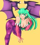  2020 absurd_res armwear bare_shoulders breasts capcom cleavage clothed clothing colored_nails darkstalkers demon demon_humanoid female green_hair hair hi_res humanoid light_body light_skin long_hair membrane_(anatomy) membranous_wings morrigan_aensland nails not_furry officialmossy simple_background smile solo wings 
